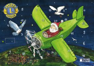 Der Weihnachtsmann fliegt in einem grünen Flugzeug durch die Nacht