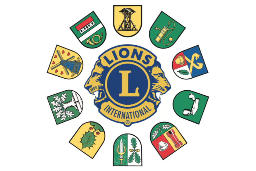 Das Lions-Logo umgeben von den Wappen der Ortsteile der Gemeinde Rosengarten