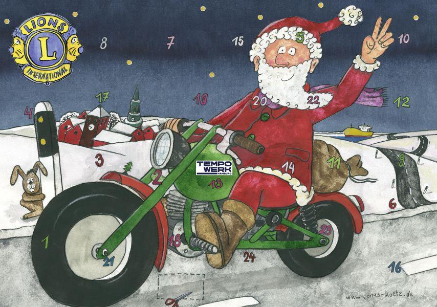 Kalender-Motiv: Der Weihnachtsmann auf dem Motorrad.